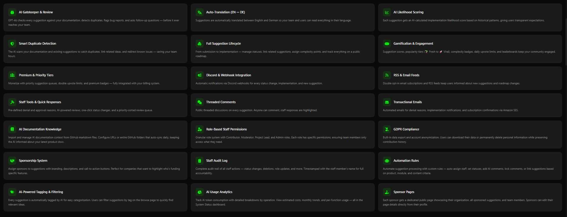 Screenshot with a list of all the AI Features of Featureboard